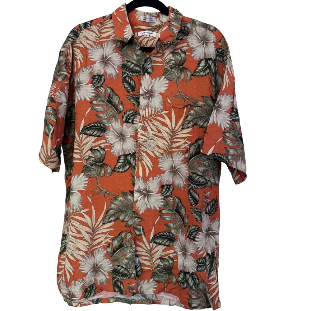 Pierre Cardin Tropical Summer Orange Beach Coastal Button Down Men Shirt Size L